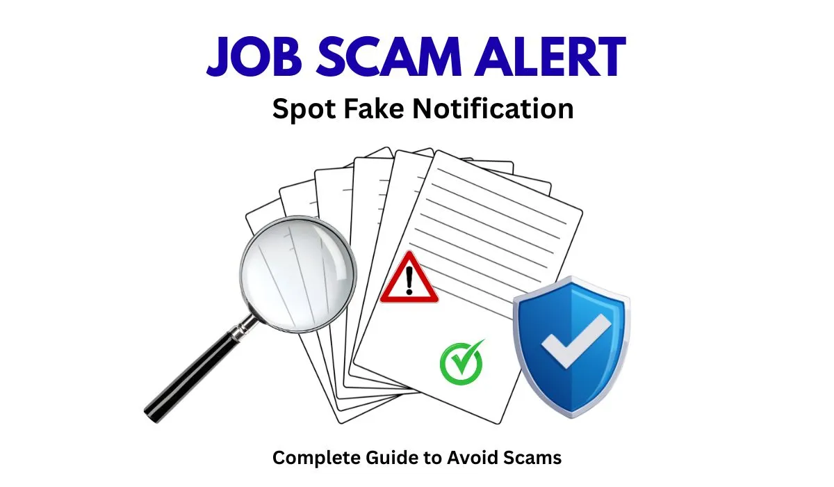 Featured image showing a job seeker verifying government job notifications online with scam warning signs, verified badges, and tips to avoid fake recruitment scams.
